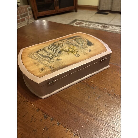 Vintage 1920’s Jewelry Box Wood Godey’s Fashion Label Opens To Vanity Mirror - Picture 3 of 11